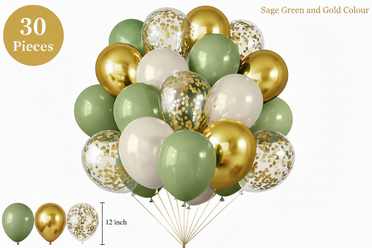 30 Piece Sage Green and Gold Confetti Balloons