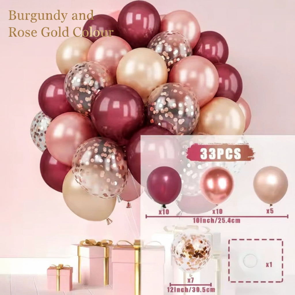 33 Piece Burgundy, Champagne and Rose Gold Confetti Balloons