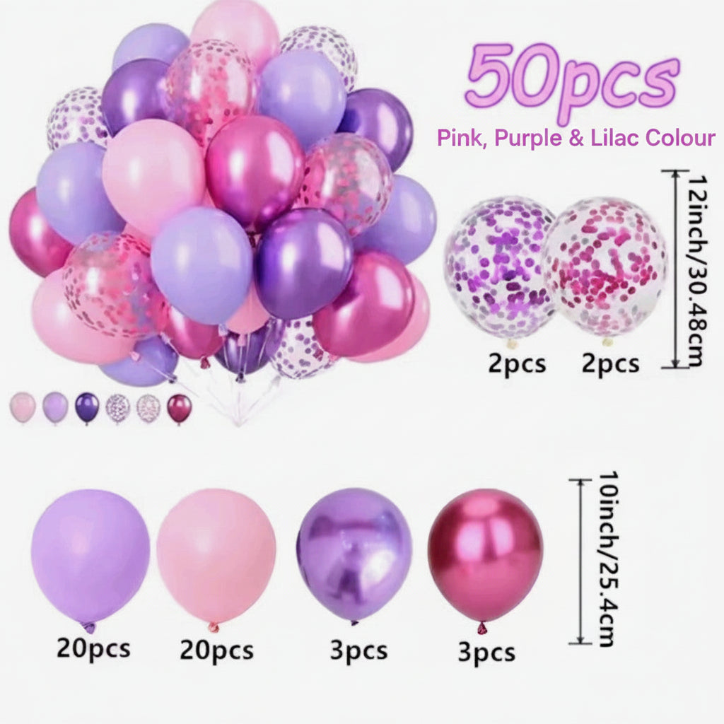50 Piece Pink, Purple and Lilac Confetti Balloons