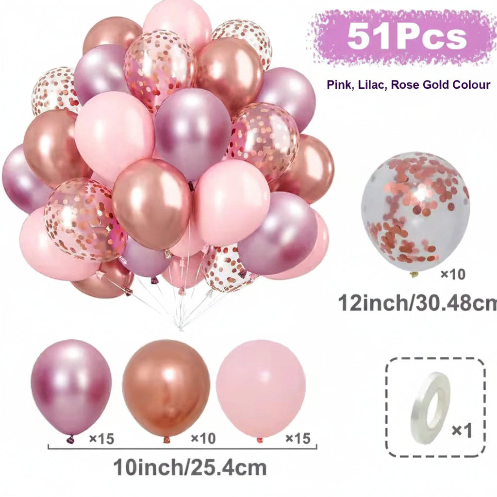 51 piece Pink, Lilac and Rose Gold Confetti Balloons