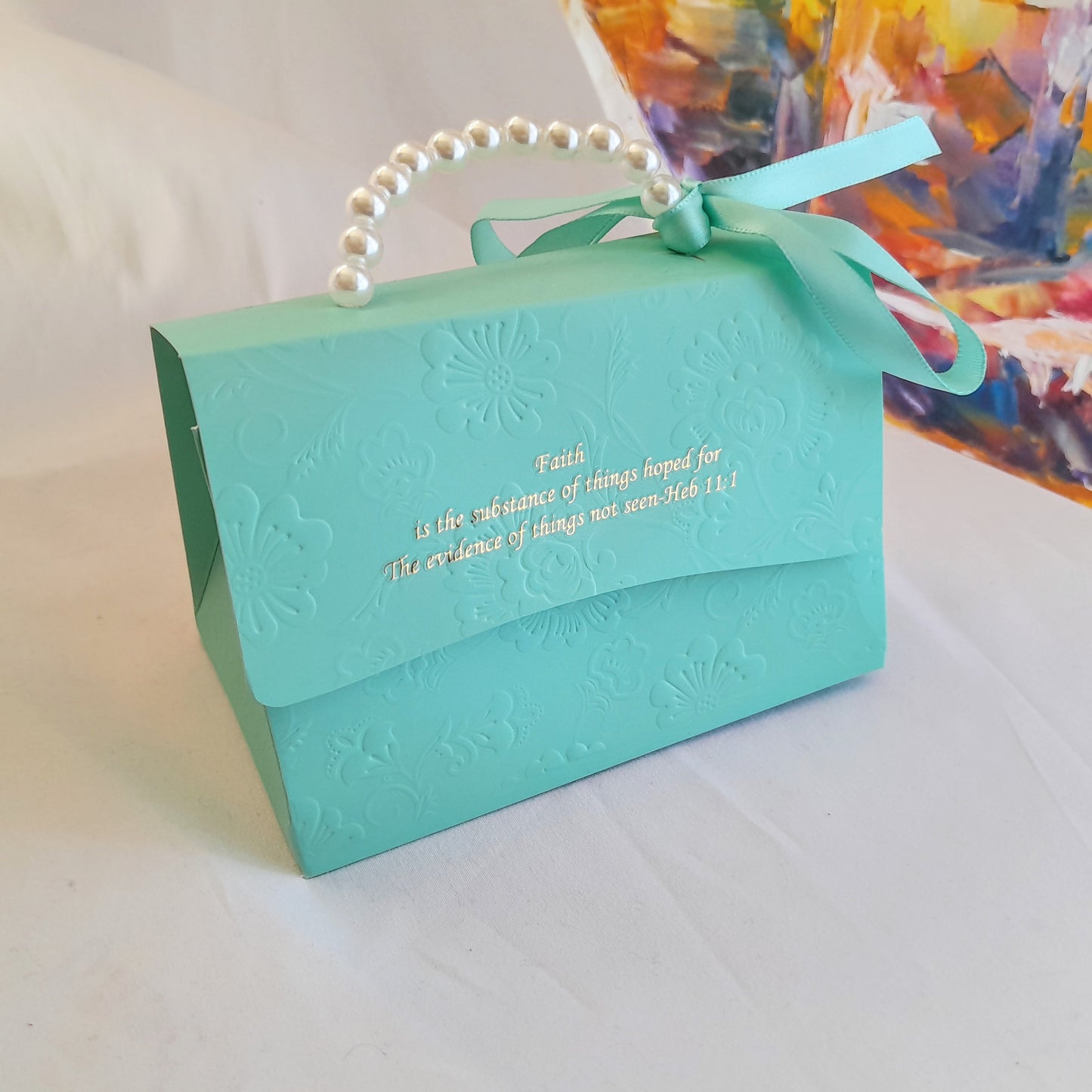 Aqua  Embossed  decorative gift box  with pearl handle and ribbon 