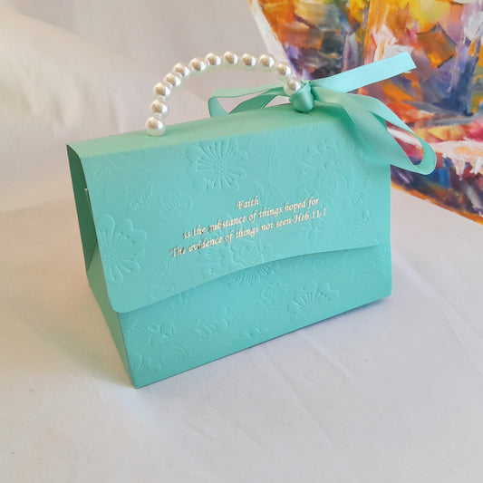 Aqua  Embossed  decorative gift box  with pearl handle and ribbon 