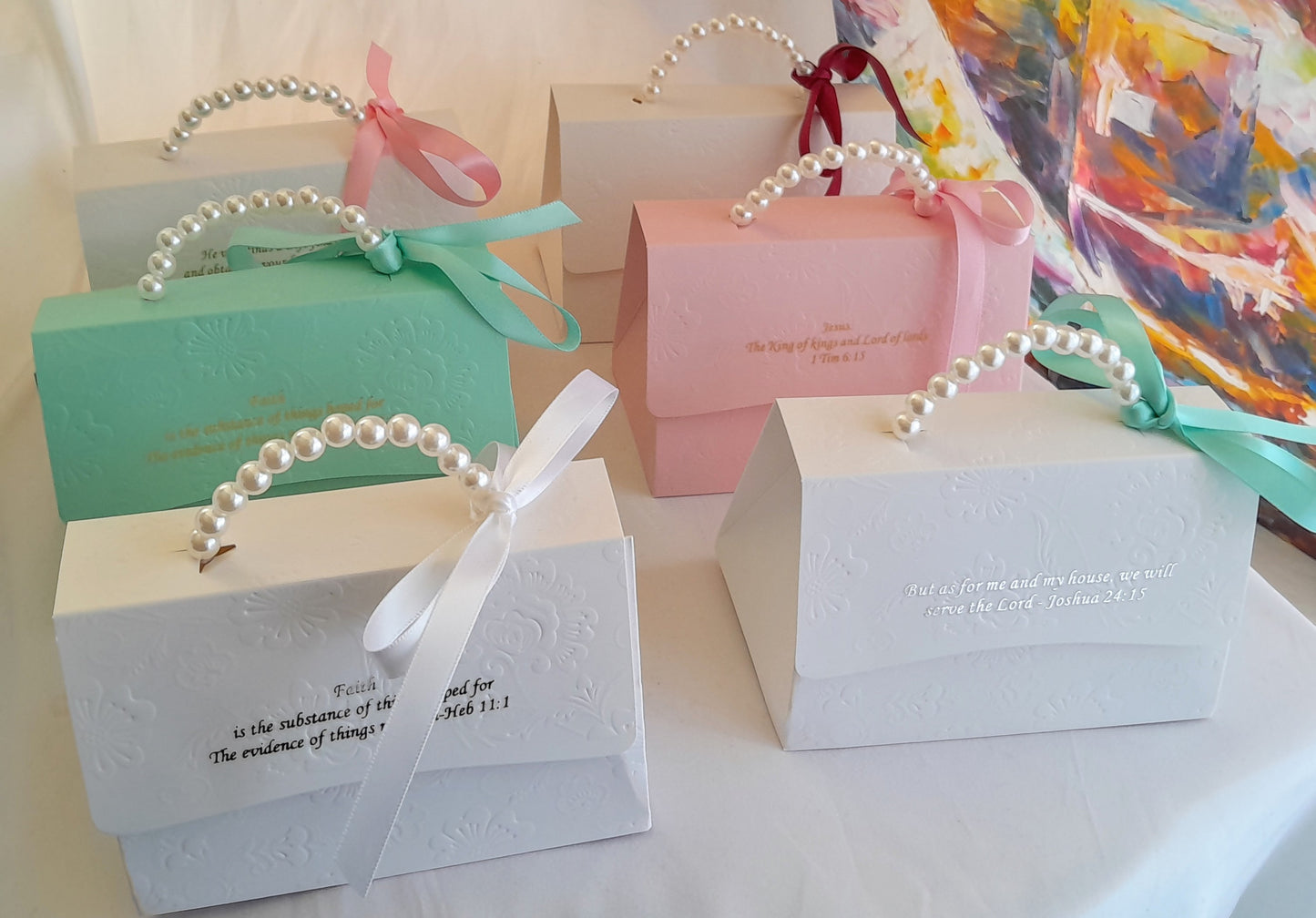Embossed Decorative gift boxes with pearl handles  and matching ribbons