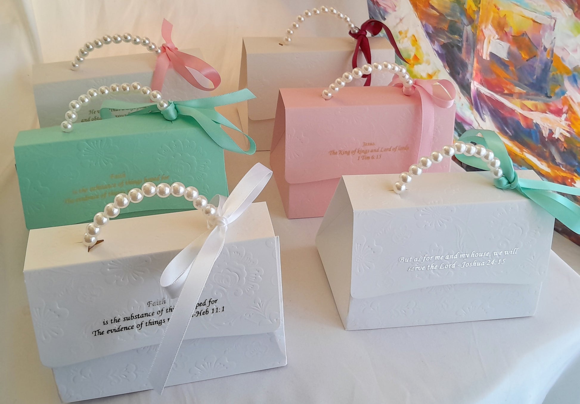Embossed Decorative gift boxes with pearl handles  and matching ribbons