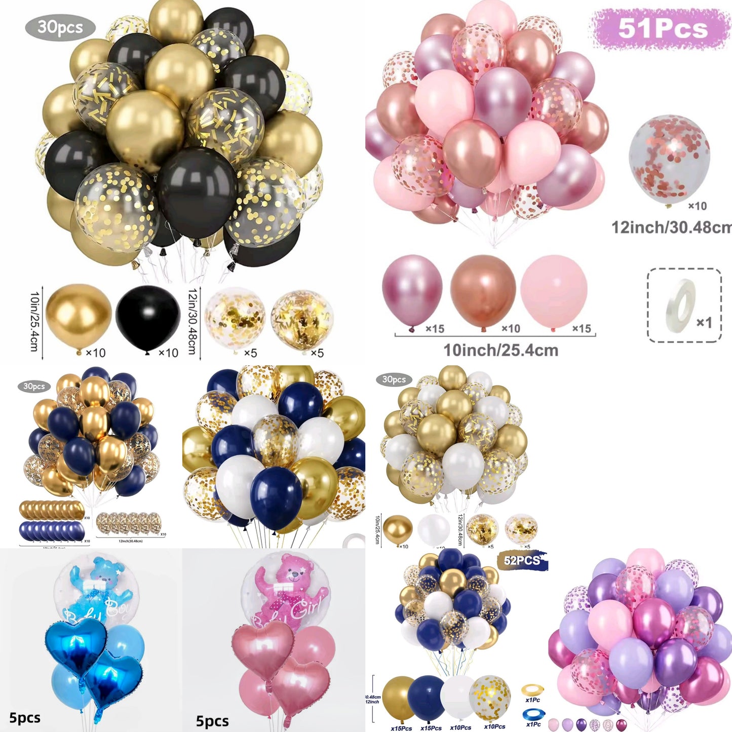 Latex Metallic Confetti Balloon Sets - 30 - 52 Piece Sets