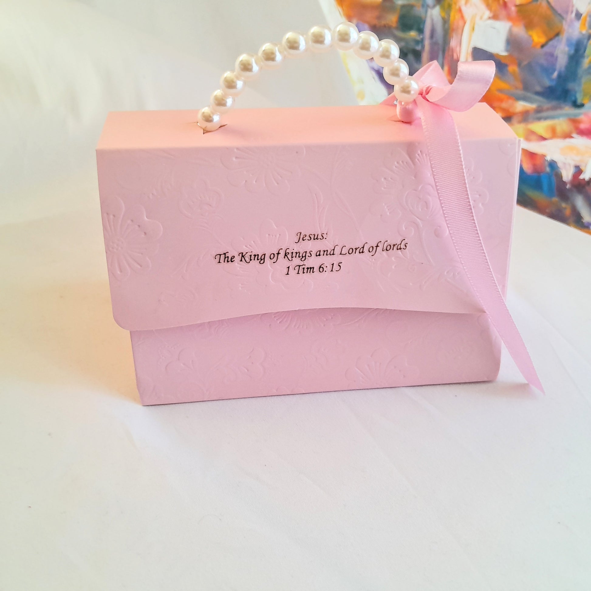 Pink  Embossed  decorative gift box  with pearl handle and ribbon 