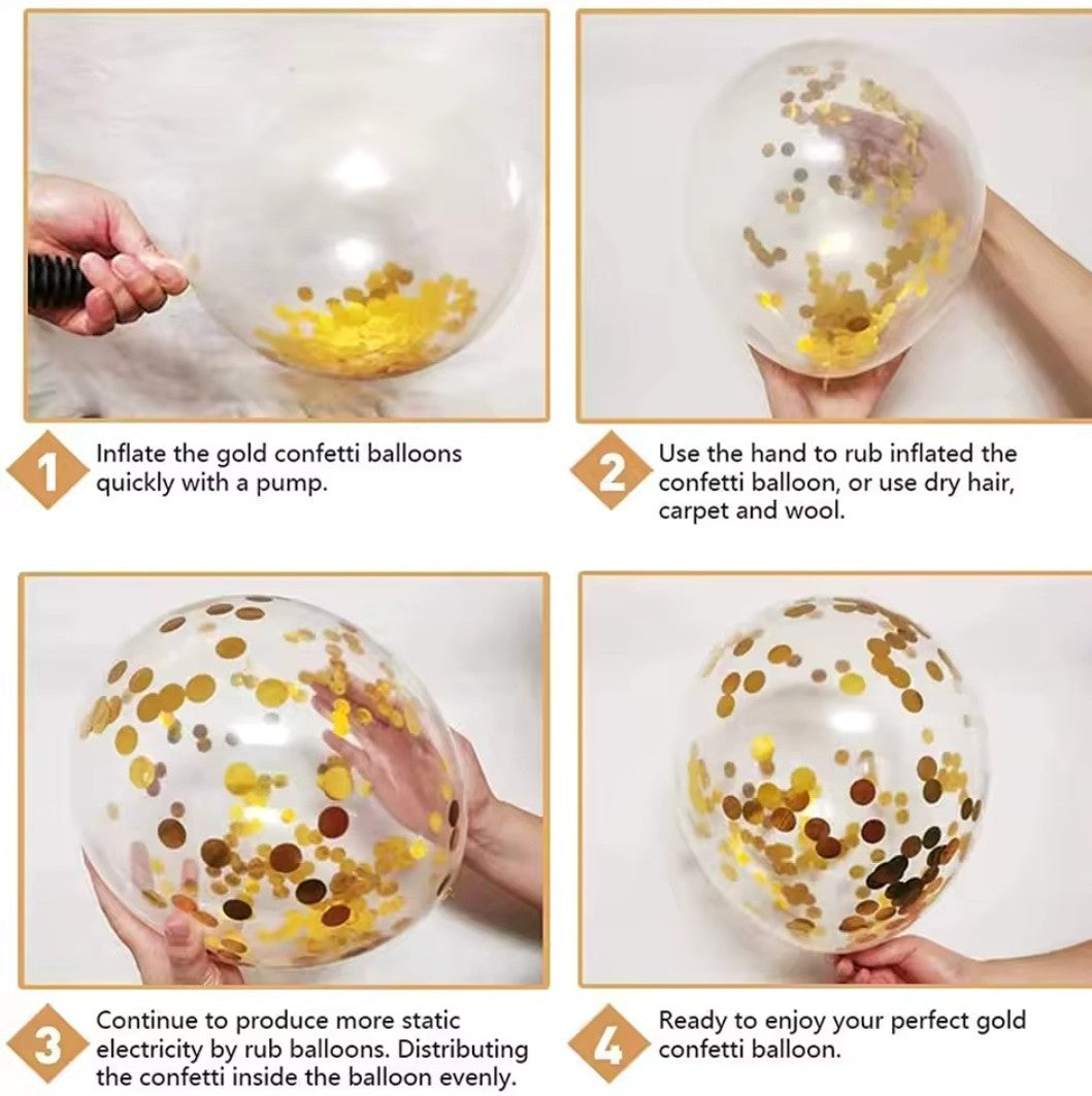 Step-by-step guide on inflating and using gold confetti balloons.