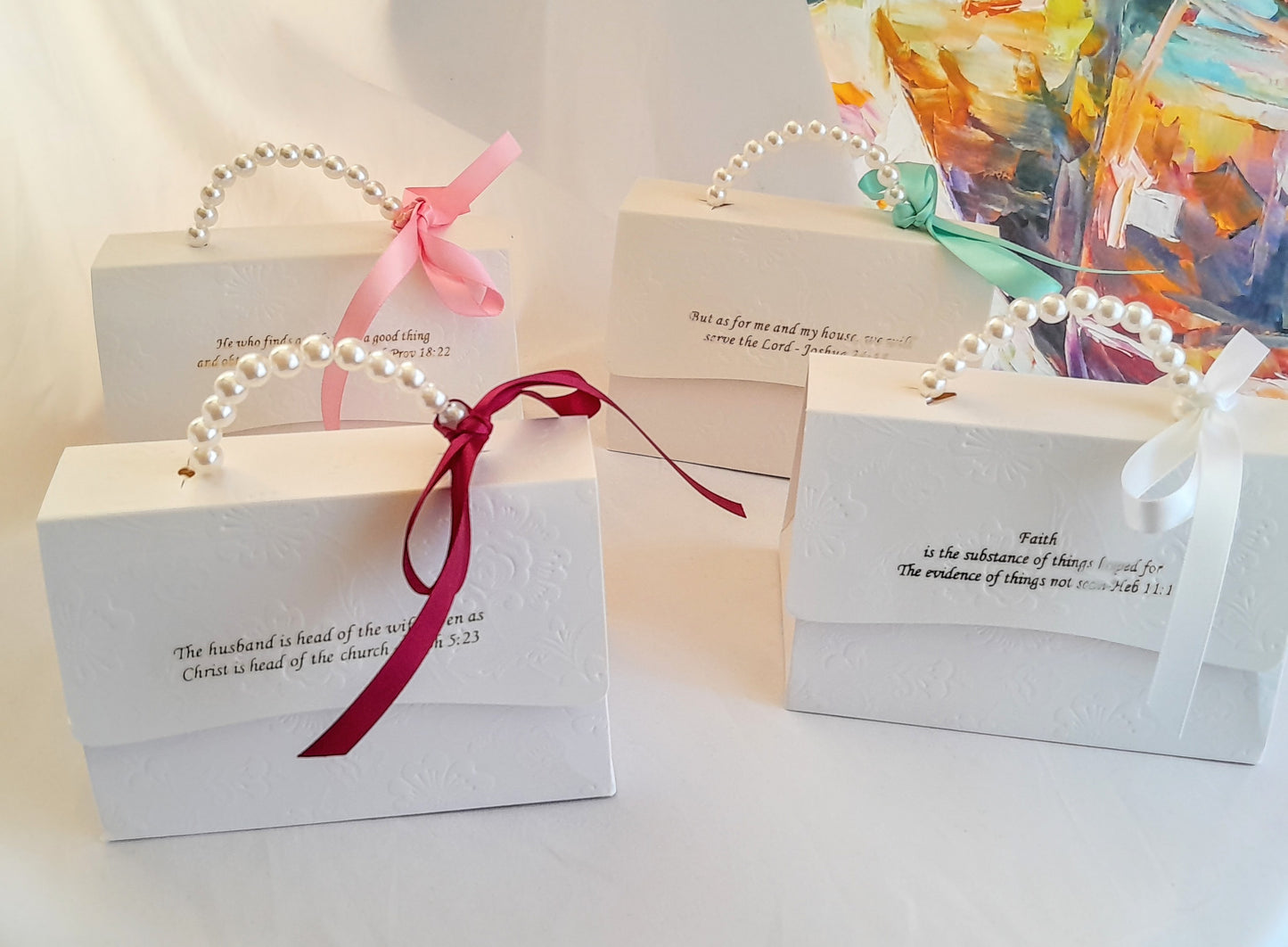 White Embossed Collection decorative gift boxes with pearl handle and ribbon 