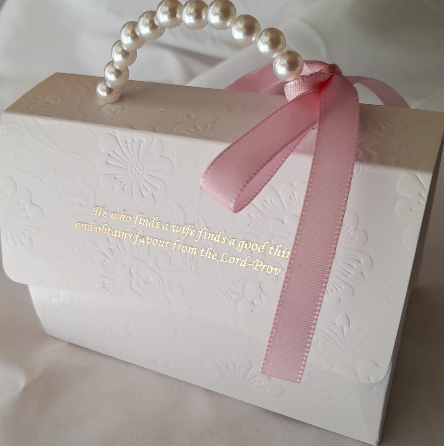 White  embossed decorative gift box with pearl handle, Scripture and pink ribbon 